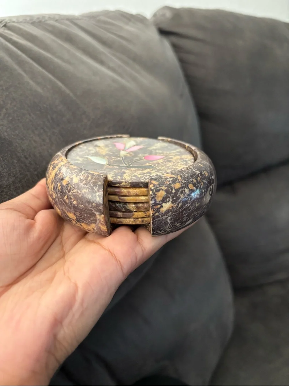 Rare Vintage Agate Stone Mother of Pearl Handmaid Carved Trinket Box & Coasters